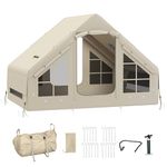 Outsunny Inflatable Camping Tent with Pump and Stove Jack Hole, Easy Setup 2-4 Person Blow Up Tent, Waterproof Luxury Inflatable Tent with Mesh Windows, Doors, Hook and Carry Bag, Beige