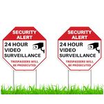 2PC 24 Hour Video Surveillance Sign with Stakes, 13"x13" with 2PC Stickers, 4"x4" - Corrugated Plastic - No Trespassing Signs for yard - Security Alert Warning - Trespassers will be Prosecuted