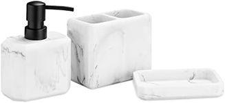 Navaris Bathroom Accessories Set - Liquid Soap Dispenser/Toothbrush Holder/Soap Dish - 3-Piece Toiletry Vanity Accessory Kit - Light Marble Effect