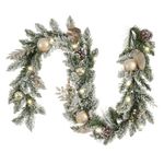 Valery Madelyn 6 Feet/183cm Pre-Lit Christmas Garland for Mantel, Elegant White and Gold Garland with Baubles and Berry, Xmas Garland with Led Lights and Timer Function for Christmas Party Decoration