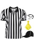 FancyFun 4 Pcs Men's Referee Shirt Black & White Stripe Umpire Jersey Zipper Collared Referee Shirt for Men Hat Penalty Flag and Stainless Steel Whistle with Lanyard for Football Halloween 2XL