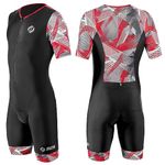 SLS3 Mens Triathlon Suit - Tri Suit Mens Short Sleeve - Breathable, Quick Drying Trisuit with 2 Pockets, Custom Padding for Cycling, Swimming & Running, Aero Design (Black/Red Geo, M)