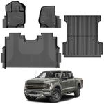 Floor Mats and Bed Mat Compatible with Ford F150/F-150 Lightning SuperCrew Cab 2015-2024, TPE All Weather Custom Fit Car Accessories 1st and 2nd Row Full Set Car Liners (Without Under-Seat Storage) s