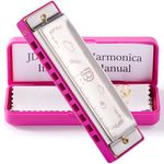 JDR Blues Harmonica Diatonic 10 Holes C Key Armonica Mouth Organ for Beginner Gift With Carrying Plastic Case Clean Cloth and Manual Pink