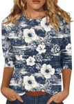 3/4 Sleeve T Shirts for Women Dressy Causal Round Neck Plus Size Trendy Loose Fitted Basic Tee Boho Tunic Tops Blouses (Dark Blue,M)