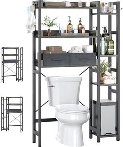 Over The Toilet Storage with 2 Drawers - 7 Tier Bathroom Organizer with Adjustable Shelf, Freestanding Space Saver Storage Rack Above Toilet Stand with 4 Hooks for, Restroom, Laundry, Grey Oak