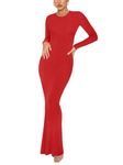 REORIA Women's Sexy Casual Crew Neck Lounge Slimming Long Dress Elegant Wedding Guest Long Sleeve Ribbed Bodycon Maxi Dresses Red Medium