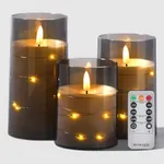 Battery Operated LED Flameless Candles with Remote and Timer, Warm Color Flickering Lightwith Embedded Star String for Festival Wedding Home Party Decor(Pack of 3)-Gray