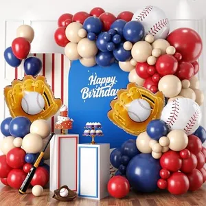 Baseball Birthday Party Decorations, Navy Blue Red Nude Balloon Arch with Baseball Glove Foil Balloons for Boys Girls Summer Birthdays Party Baseball Themed Party Decorations