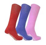 Diamond Star Anti Skid Socks Non Slip Non Binding With Grips Hospital Diabetic Crew Socks For Men Women, 3 Pack ( Pink,blue,red ), 9-11