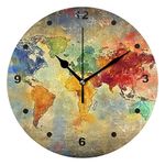 SUNOP World Map Clock for Kids Bathroom Round Clock Non Ticking Bedroom Wall Clock Decorative Desk Clock