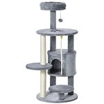 PawHut Cat Tree Tower for Indoor Cats 112cm Climbing Kitten Activity Center with Jute Scratching Post Perch Hanging Ball Toy Teasing Rope Dark grey