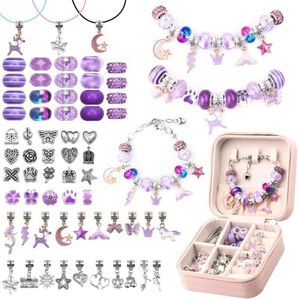 Charm Bracelet Making Kit with Beads, Pendant Charms, Bracelets, and Necklace for DIY Craft Gifts for Teen Girls Age 8-12, with a Unicorn Gift Box and Storage Bag