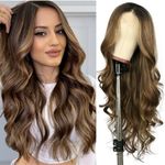 Sapphirewigs Highlight Brown Lace Front Wigs for Women 13X3 Free Part Ombre Chestnut Brown Wig Synthetic Long Wavy Wigs Glueless Heat Resistant Synthetic Wigs for Daily Party Use 26inch