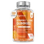 Vitamin C and Zinc Gummies for Adults & Kids - 200mg VIT C as L-Ascorbic Acid - 120 Chewable Vitamin C Gummies - Low Sugar, Natural Orange Flavour, Immunity Vitamins - Hair, Skin & Nail Vitamins