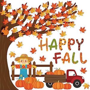 Whaline 100Pcs Happy Fall Tree Bulletin Board Decorations Thanksgiving Maple Leaf Tree Pumpkin Scarecrow Cutouts Autumn Classroom Decor for Fall Party Home School Chalkboard Wall Decor