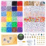 FZIIVQO 7200 Pcs Clay Beads 2 Boxes Bracelet Making Kit 24 Colors Flat Disc Heishi Clay Beads for Jewelry Making Preppy Set with UV Number Letter Beads & Gold Spacer Beads etc