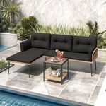 DWVO Patio Furniture Set, 3-Piece Outdoor Wicker Conversation Sectional L-Shaped Sofa with 4 Seater for Backyard, Porch, Boho Detachable Lounger with Cushions and Coffee Table - Black