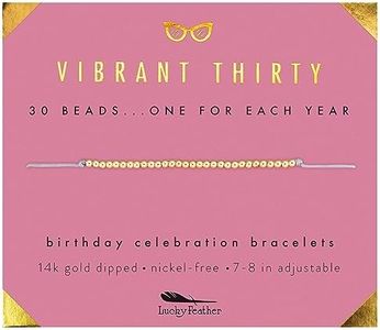 Lucky Feather 30th Birthday Gifts for Women; 30th Birthday Bracelet with 14K Gold Dipped Beads on Adjustable Cord; 30 Birthday Gift Ideas for Her