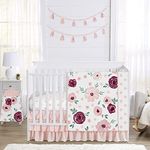 Sweet Jojo Designs Burgundy Watercolor Floral Baby Girl Nursery Crib Bedding Set - 4 Pieces - Blush Pink, Maroon, Wine, Rose, Green and White Shabby Chic Flower Farmhouse