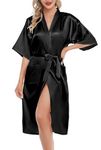 Lovasy Kimono Dressing Gowns Satin Kimono Robe Silk Dressing Gown for Women UK Long Silk Bride and Bridesmaid Robes,Black,M