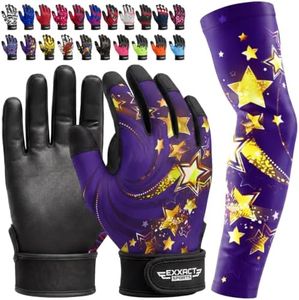 Exxact Sports Youth Batting Gloves with Arm Sleeve for Boys & Girls, Kids Baseball Batting Gloves for Softball, T-Ball (Youth L/XL, Purple Gold Stars)