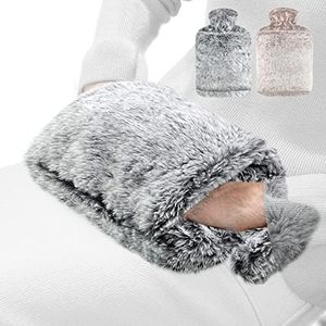 obqo Wärmflasche mit Weichem Bezug | 2,0 Liter Groß Wärmflaschen Flauschig Naturkautschuk Auslaufsicher Taschendesign Handwärmer Bettflasche Wärmeflasche Geschenk für Kinder Erwachsene (Grau)