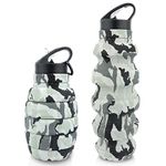 Collapsible Travel Water Bottle 19.6 oz, Reusable Silicone Collapsible Water Bottle for Schools, Offices and Outdoor Places, Portable Leak Proof Sports Bottle with Carabiner (Light grey camouflage)