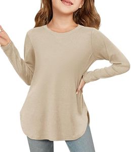 CharmWM Girls Long Sleeve Shirts Kids Crewneck Curved Hem Tunic Tops Plain Fall T Shirt Khaki