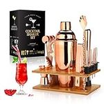 Cocktail Shaker Making Set: 16pcs Bartender Kit with Eco Bamboo Stand - Stainless Steel Bar Tool Set Scandinavian Style Home DIY Kit (Rose Gold)