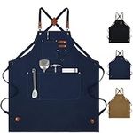 Chef Apron for Men Women, Cotton Canvas Apron with Large Pockets for Kitchen Cooking Baking Painting, Gardening, Work Aprons with Adjustable Strap for Shop, Restaurant, Cafe, Grilling, M to XXL (Blue)