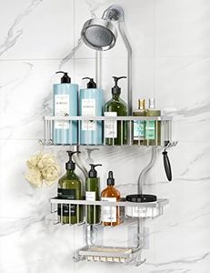 YASONIC Shower Caddy Hanging - Never Rust Shower Organizer - Aluminum Over The Shower Head Caddy with 10 Hooks for Razor/Sponge - Shower Rack with Soap Basket - Silver