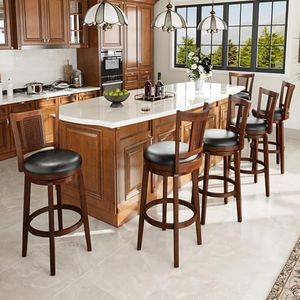 PHI VILLA 30 inch Bar Height Stools Set of 6,Swivel Wooden Barstools Tall Upholstered Faux Leather Barstool with Back,Vintage Bar Height Chairs,Kitchen Stools