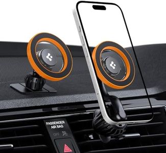 Spigen Magnetic Air Vent Car Mobile Holder [Super Strong Magnet] [MagSafe Ring Included][Extra Mini Dashboard Mount] for iPhone 16/15/14/13/12, Samsung Galaxy Series and More(Extension Type) - Orange