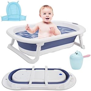 Sonnewelt Vasca da bagno per bambini, con termometro, tappetino da bagno e bicchierino per lavare i capelli, pieghevole, da 0 a 3 anni (blu)