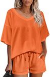 Ekouaer Womens 2 Piece Short Sleeve Waffle Knit V Neck Off Shoulder Casual Loose Fit Sweatsuit Outfits Orange M