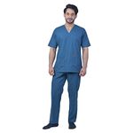 FRENCH TERRAIN® UNISEX V-NECK PREMIUM POLYESTER COTTON MULTI POCKET MEDICAL SCRUB SUIT FOR DOCTORS, TOP AND BOTTOM WITH 14 POCKETS, SIZE 46-3XL, CARIBBEAN BLUE.