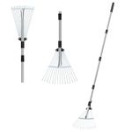 Garden Leaf Rake, Strong Metal Rake for Leaves, Adjustable Length 37"-68", Adjustable Expandable Head 8"-17", Stainless Steel Ideal Lawn Rake for Lawn, Garden, Yard, Flowers Beds, Bush and Roof