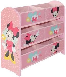 Disney Classic Minnie Mouse Unidad de almacenamiento de juguetes hecha de madera, tela y metal; sistema organizador con 6 cajas para dormitorio, fácil montaje y limpieza