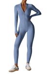 Ecupper Womens One Piece Workout Jumpsuit Zip Up Bodysuit Long Sleeve Yoga Rompers Full Length Sports Gym Shapewear Blue S