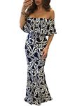 Happy Sailed Women Dark Blue Off-The-Shoulder Maxi Dress, Medium Blue Tendril Print