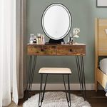 RELAX4LIFE Dressing Table Set, Adjustable LED Lighted Makeup Vanity Desk with Stool, Mirror and Drawers, Cosmetic Bedroom Dresser Makeup Table for Girls Women (Rustic Brown Look + Makeup Box)