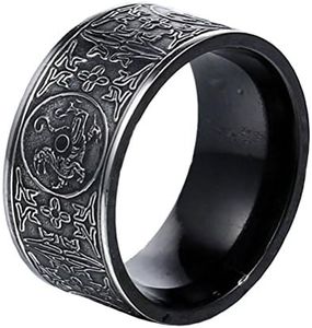 PAMTIER Men's Stainless Steel Ring Ancient 4 Guardian Beast, Dragon, White Tiger, Suzaku, Basalt Carved, Stainless Steel,Titanium