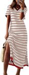 Dokotoo Casual Dresses for Women V Neck Short Sleeve Striped Split Long Dresses for Women Fashion Pink Small