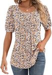 Ficerd Women's Puff Short Sleeve Tunic Tops Pleated Crew Neck Summer Blouses Dressy Casual Loose T Shirts, Pink Flower, Small