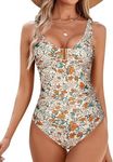 BMJL Women's One Piece Bathing Suits Ruched Tummy Control Swimsuits Modest V Neck Slimming Swimwear(S,Orange Floral Print)