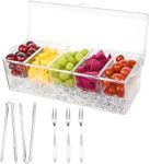 Funyakit Ice Chilled Condiment Server Caddy, with 3 Stainless Steel Forks and 2 Tongs, Cold Serving Tray for Entertaining Party with Lid, Bar Garnish Holder on Ice with 5 Compartment Removable Dishes