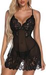 EVELIFE Women Nightgown Sexy Lingerie Lace Babydoll Chemise Strap Sleepwear Bridal Nightdress, Black, M