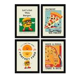 ArtX Paper Fast Food Wall Decor For Kitchen Dining Area Cafe Bar Restaurant Funny Framed Quotes For Wall Decoration, 10.0 X 13.0 inches Each, A4, Multicolor, Synthetic Wood, Set of 4