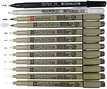 Sakura Pigma Micron fineliner pens 12 piece, Full range drawing set black with professional brush and Gelly roll White